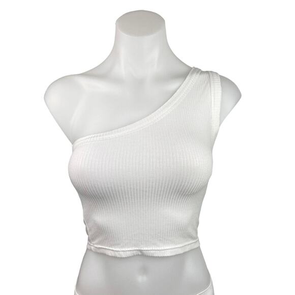 Skylar + Madison One Shoulder Ribbed Knit Stretch Plain Tank Crop Top Size M - Picture 1 of 4